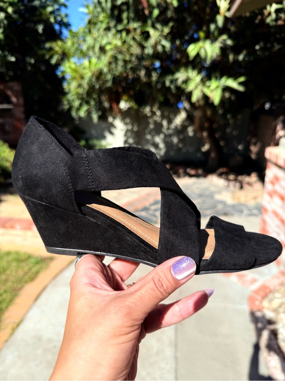 dexflex comfort Black Suede Crisscross Open-Toe Wedge Sandals